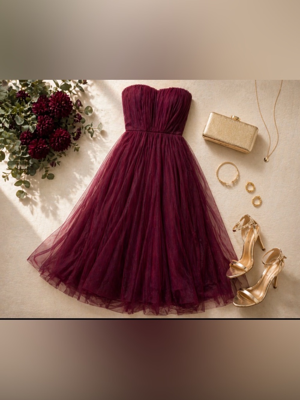 [Badgley Mischka] Burgundy Strapless Tulle Midi Dress Size 4 - Picture 11 of 11